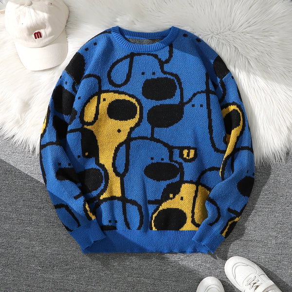 Mens Dog Print Sweater Crew Neck Double Sided Knit Pullover Casual