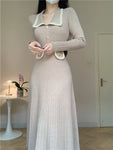 French Knitted Dress Slim A-line Lapel Casual