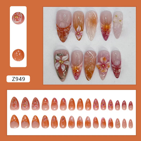 24pcs White Flower Fake Nail Tips Ins Yellow Pink Blush False Nails