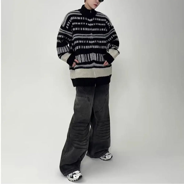 Unisex Y2K Color Block Cardigan Zip Up Retro Knit Couples Matching