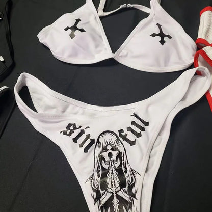 Y2K Goth Bikini Set - Sommerurlaubs-Badeanzug mit Totenkopf-Print