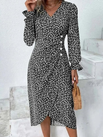 Spring Floral Dress For Women V Neck Long Sleeve