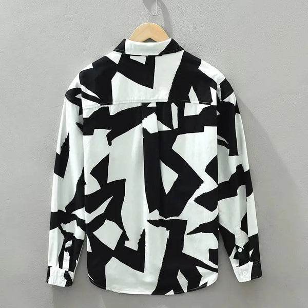 Mens Polo Collar Shirt Long Sleeve Button Up Abstract Print Casual
