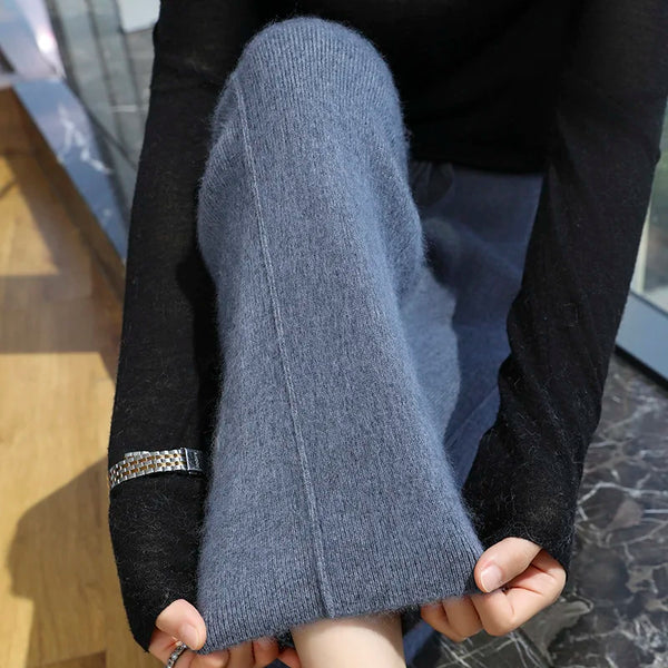 Thick Mink Cashmere Knitted Pants Women High Waisted Warm Winter