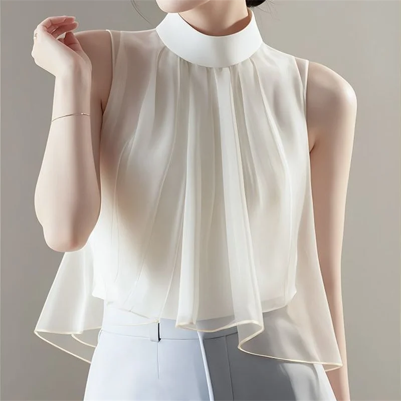 Sleeveless Halter Pleated Blouse – Summer Top for Women
