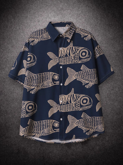 Oversized American Fried Fish Print Shorts Men's Summer Casual Tee