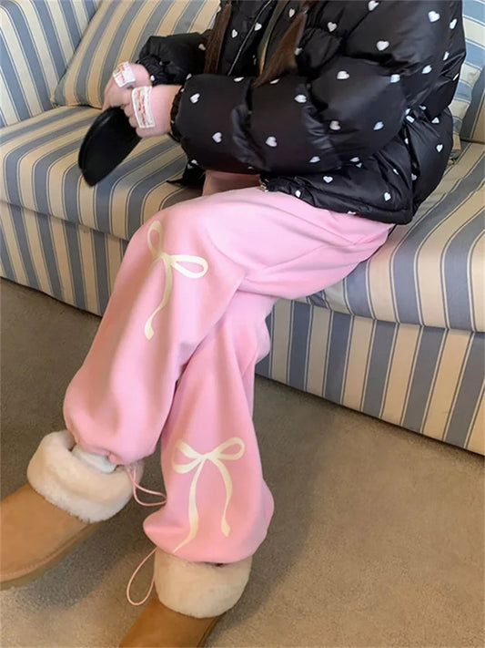 Y2K Bow Print Fleece Sweatpants Women Korean Style Fairycore Pink