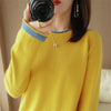 Womens Cotton Linen Sweater Color Block Crew Neck Lightweight Spring