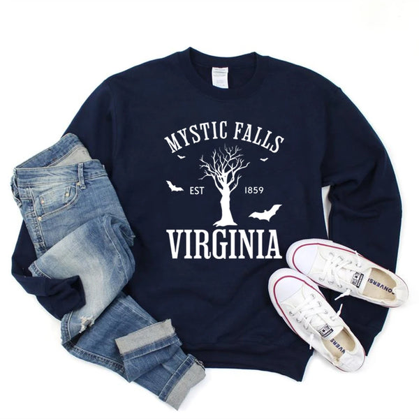 Mystic Falls Hoodie Vampire Diaries Damon Salvatore Crewneck Sweatshirt for Fans
