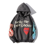 Lucky me I see Ghosts Hoodies Feel Sleeve red Logo Kanye West Pullovers