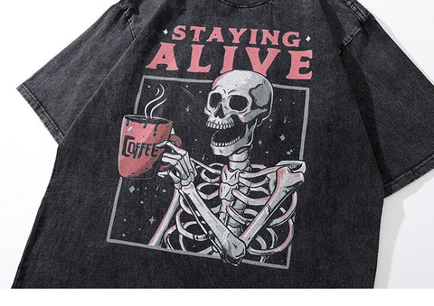 2023 Men's Oversized Retro Hip Hop T-Shirt with Alive Skull Skeleton Graphic Harajuku Style