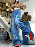 Cartoon Baggy Cargo Jeans for Women 2024 Spring Waist Slimming
