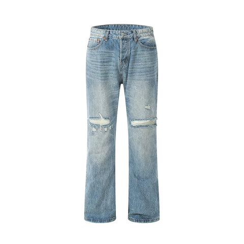 Straight-Leg Ripped Blue Streetwear Denim Jeans Casual