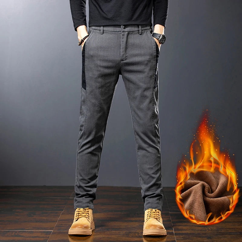 Mens Fleece Lined Thermal Pants Winter Warm Straight Fit Trousers