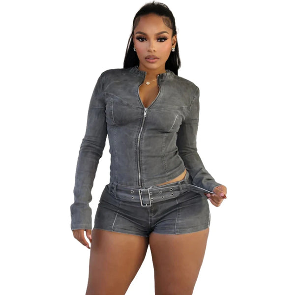 Y2K Jean Outfit Women Zip Up Jacket & Shorts Set Streetwear Style