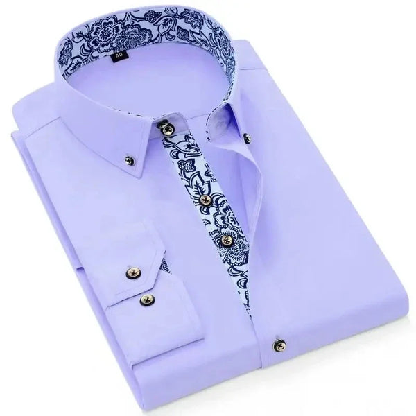 Men’s Blue-and-White Porcelain Cotton Shirt – Korean Fashion Long Sleeve Business Casual Dress Shirt