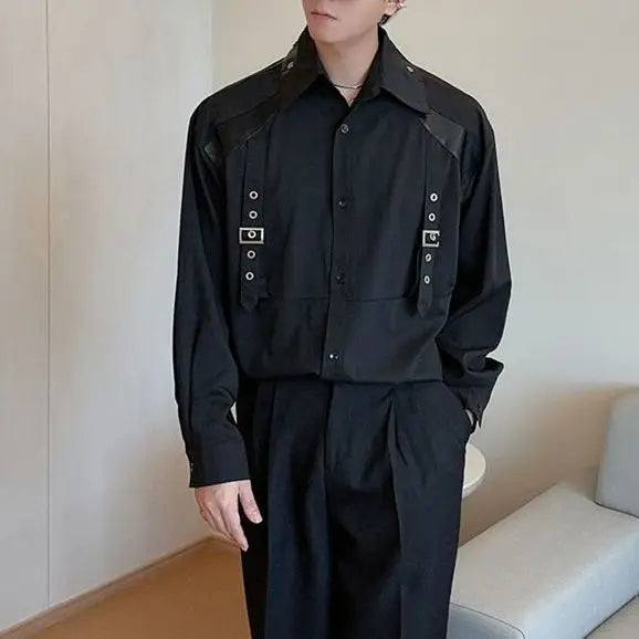 Mens Patchwork Shirt Long Sleeve Unique Design Casual Button Up