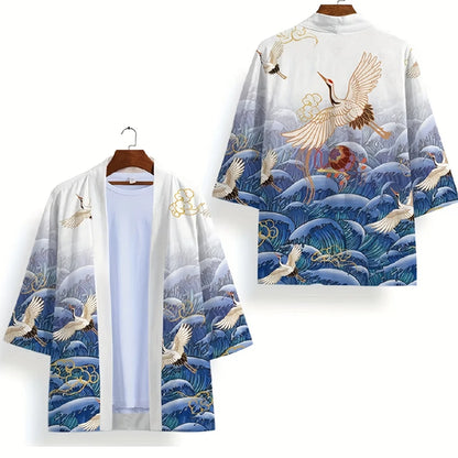 Animal Bird Patterns Crane Waves Asian Traditional Print Kimono Unisex