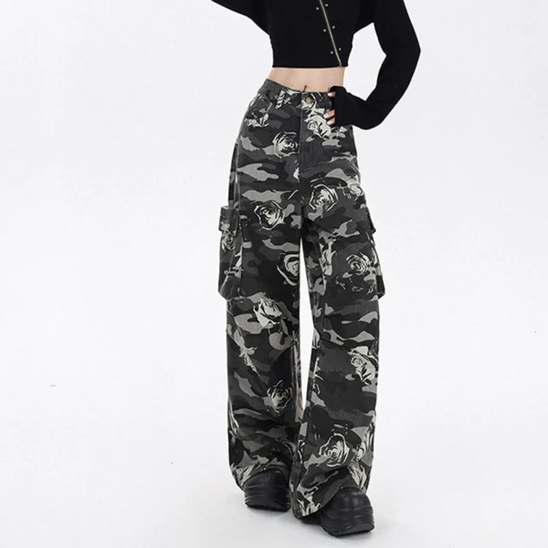 Women's High Waist Camouflage Cargo Jeans Straight Leg Streetwear