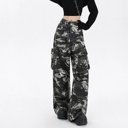 Women's High Waist Camouflage Cargo Jeans Straight Leg Streetwear