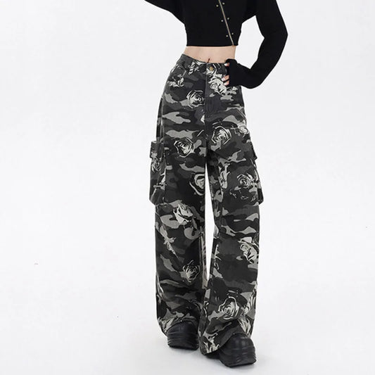 Women's High Waist Camouflage Cargo Jeans Straight Leg Streetwear