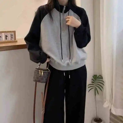 Womens Half Zip Crop Sweatshirt Raglan Sleeve Stand Collar Grey Top