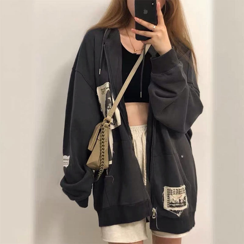 Hoodie Grunge Aesthetic Clothes Oversized Sweatshirt with Zipper Vintage