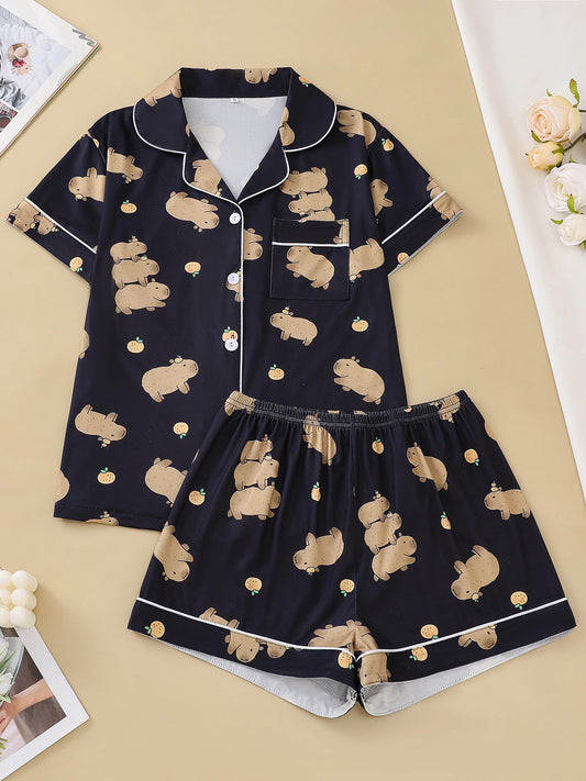 Cute Capybara Cardigan Sleepwear Set for Women