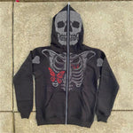 Trendy Y2K Skeleton Skull Sparkly Hoodie Gothic Rhinestone Butterfly Zip Up