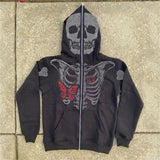 Trendy Y2K Skeleton Skull Sparkly Hoodie Gothic Rhinestone Butterfly Zip Up