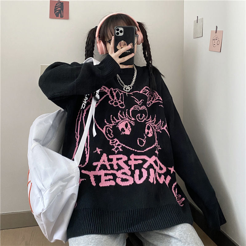 Streetwear Damen Anime Print Strickpullover Langarm Pullover