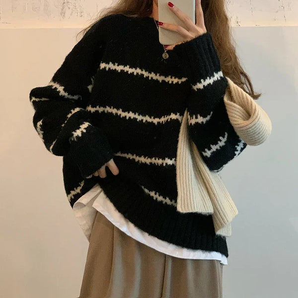 Womens Striped Knit Sweater O Neck Long Sleeve Pullover Top