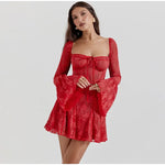 Vintage High Waist Lace A Line Mini Dress Women Elegant Spliced Flare Sleeve