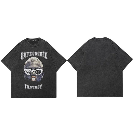 Men Retro Washed Black Hip Hop T-Shirt