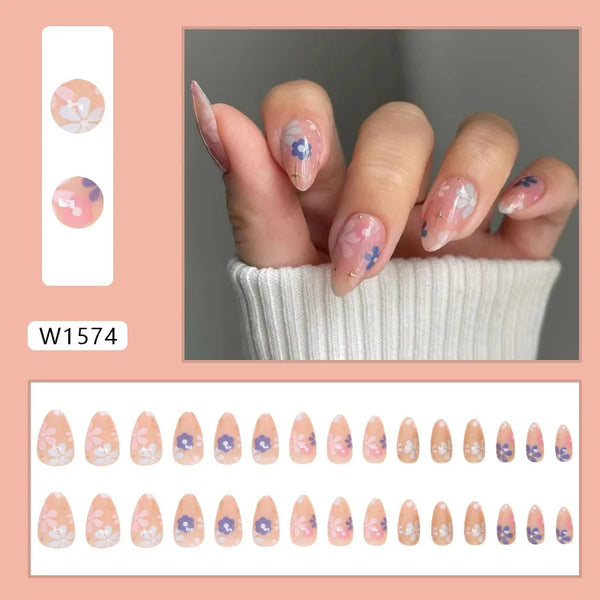 24pcs White Flower Fake Nail Tips Ins Yellow Pink Blush False Nails