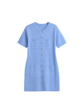 O-neck Short Sleeve A-line Dresses Knitted Pocket Breasted