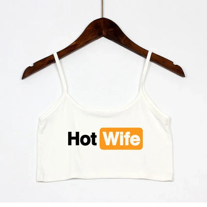 Women's Elastic Cotton HOT WIFE Letters Print Female Crop Top Sleeveless Short