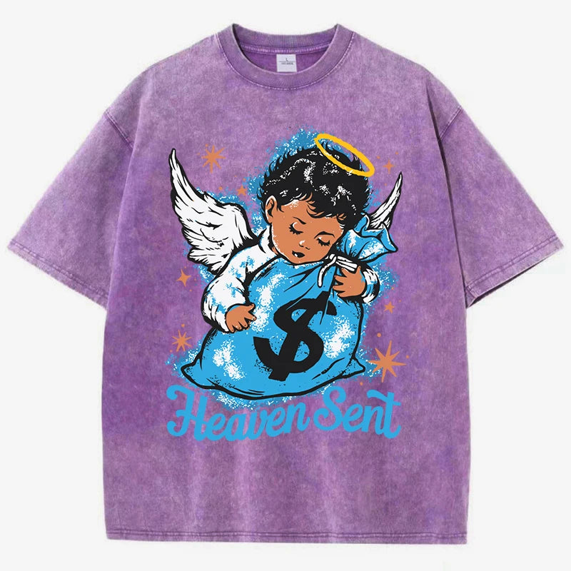 Angel Boy Money Print Washed Distressed T-shirt Summer Fashion Men
