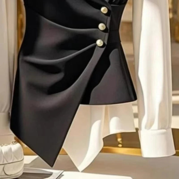 French Chic Black White Layered Blouse Business Casual Work Top