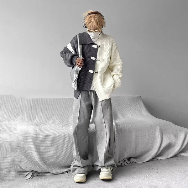 Mens Y2K Button Knit Cardigan Sweater Spliced Streetwear Jacket