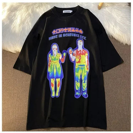 Goth Distorted Portrait T-Shirt Women Y2K Harajuku Streetwear Hip-Hop Top