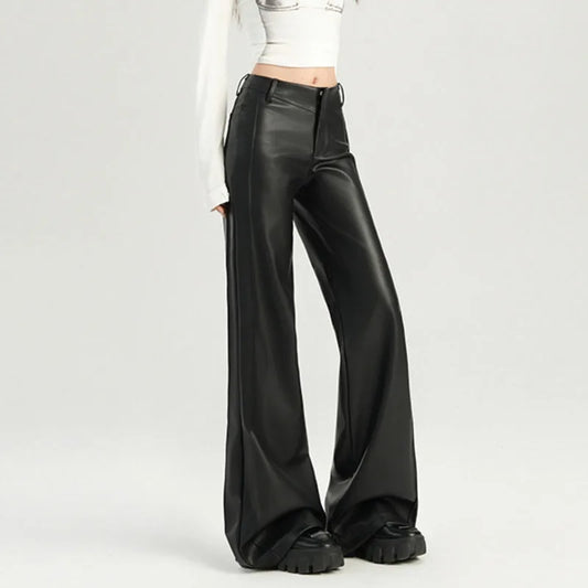 Women's Black Faux Leather Flare Pants Mid Waist PU Streetwear