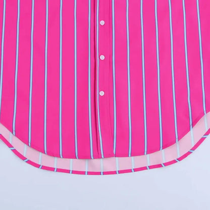 Women's Striped Print Blouse Loose Lapel Long Sleeve Single Breasted