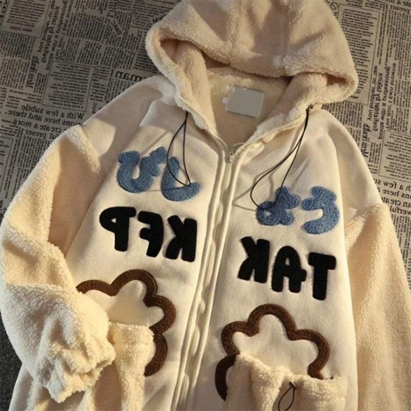 Hoodie Cotton Clothing Women Cute Ears Lamb Velvet Cotton Fashion Loose  Hoodie Warm Coat - xinnzy