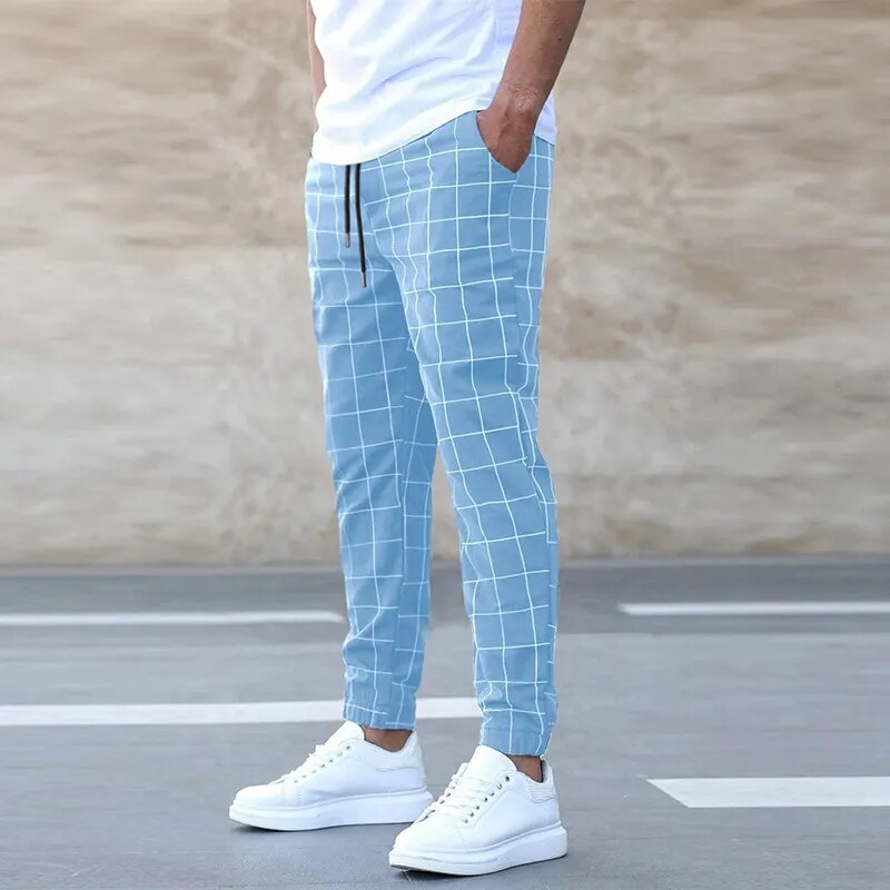 Men's Oversized Plaid Printing Trend Pants with Elastic Waist Drawstring