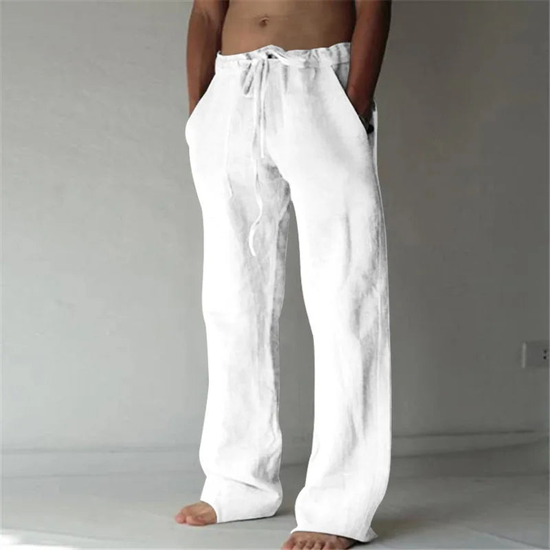 Men's Cotton Linen Long Pants Solid Color Breathable Linen Trousers