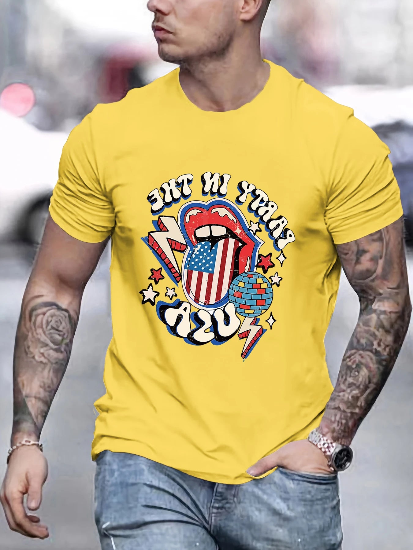 Ball Mouth Lightning Print Hip Hop T-Shirt Men Casual Cotton Summer Top