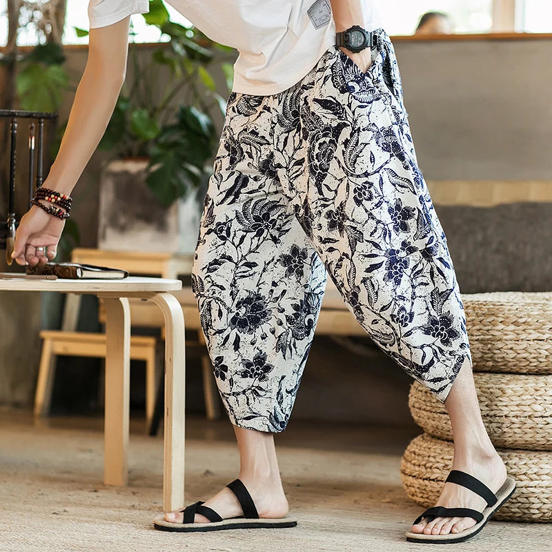 Harajuku Summer Loose Calf Length Casual Pants Cotton Linen Baggy Pants