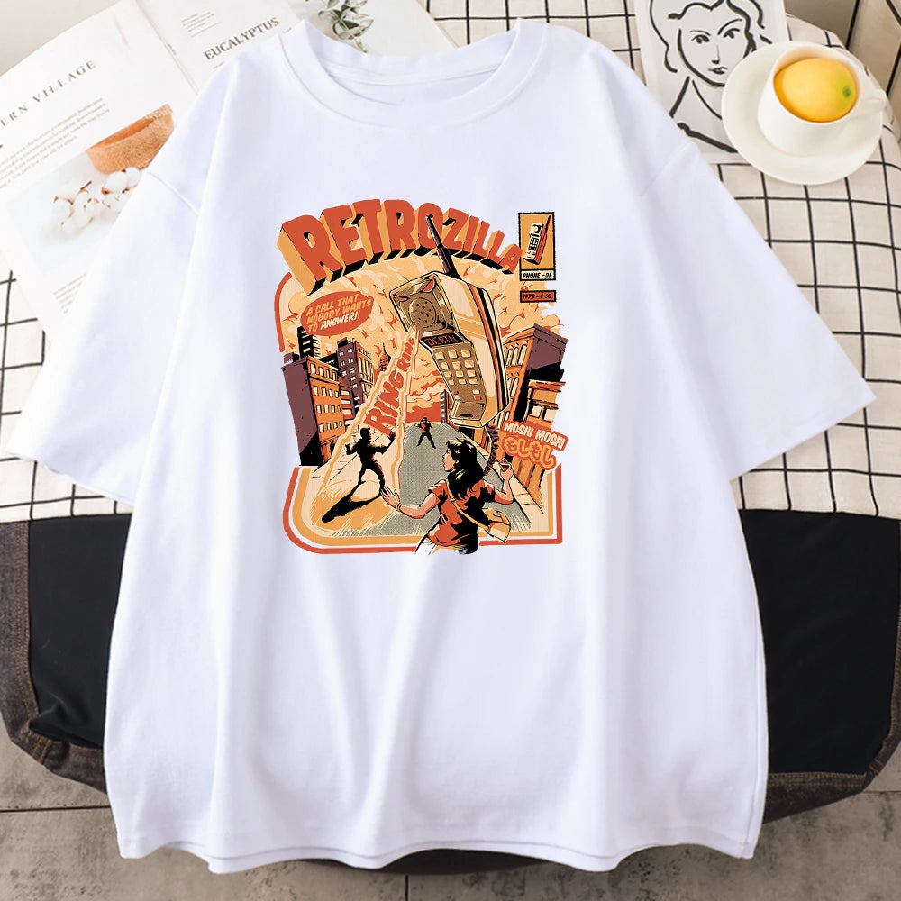 Retro Phonezilla Creativity Printed Cotton T-Shirts Vintage Personality Street