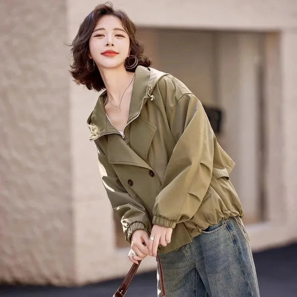 Womens Cropped Trench Coat Double Layer Hooded Short Windbreaker